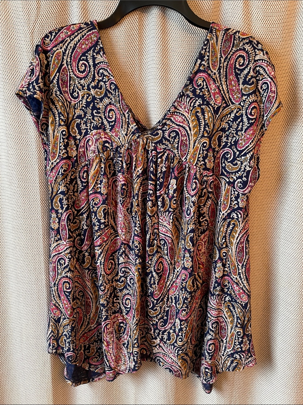 Lucky Brand Navy Paisley V-Neck Tunic with Pink and Gold Accents